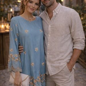 Blue Embroidered Tunic Dress with Gold Floral Accents